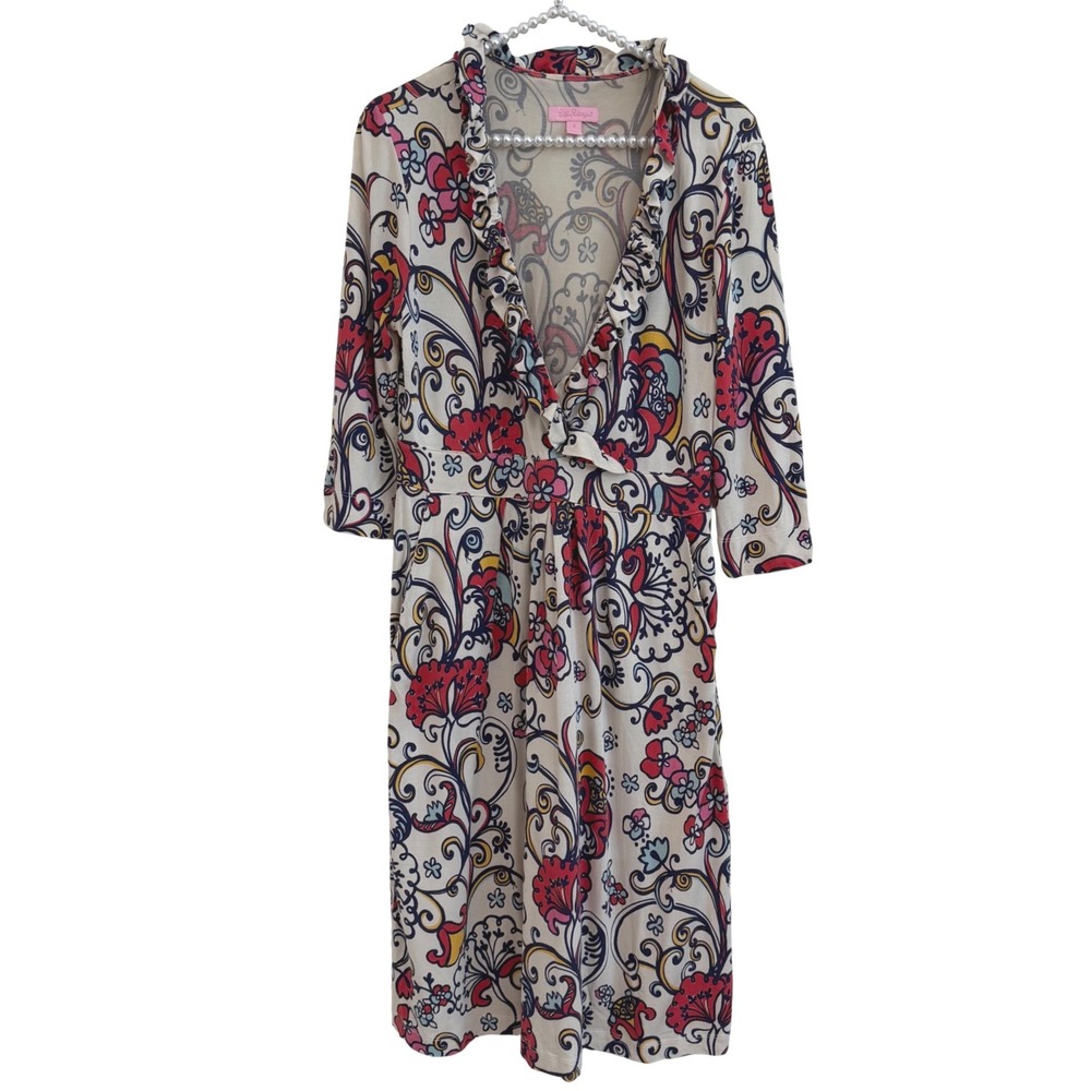 Lilly Pulitzer Silk Cotton Ruffle V-Neck Paisley Floral Dress Small 3/4 Sleeve